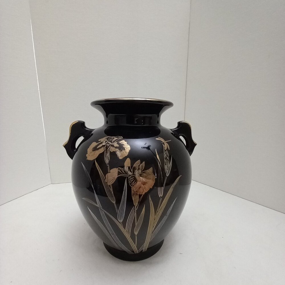 Porcelain Vase Vintage Imperial, Japan Mid Century Black, Gold Iris & Dragonfly